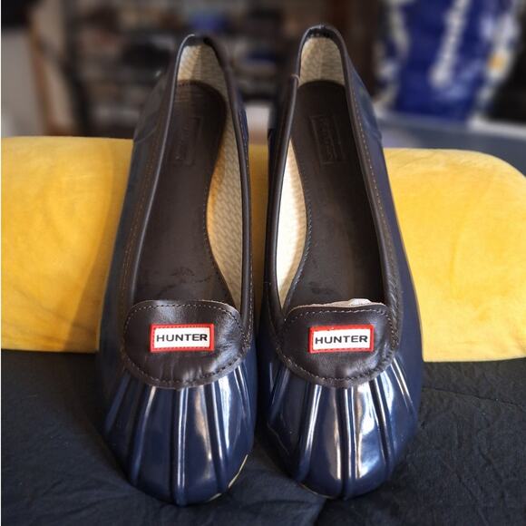 Hunter Flats Women's 10 Navy Blue Rubber Leather Logo Outdoor Nature Waterproof - Picture 1 of 9